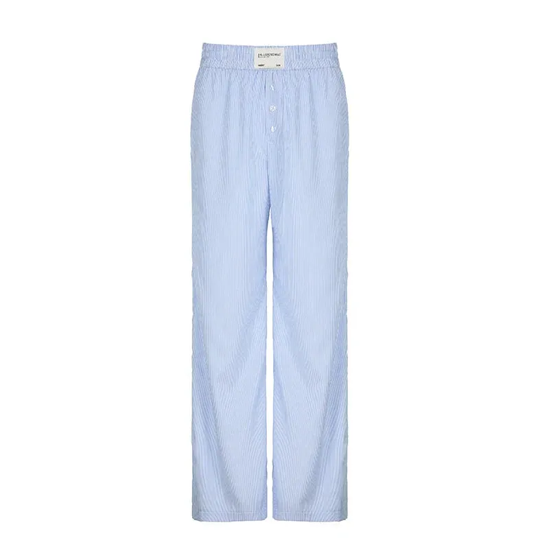Metaversmall Casual Stripe Buttons Straight Leg Women Trousers Homewear Elastic Waist Korean Fashion Full Length Pants Basic New