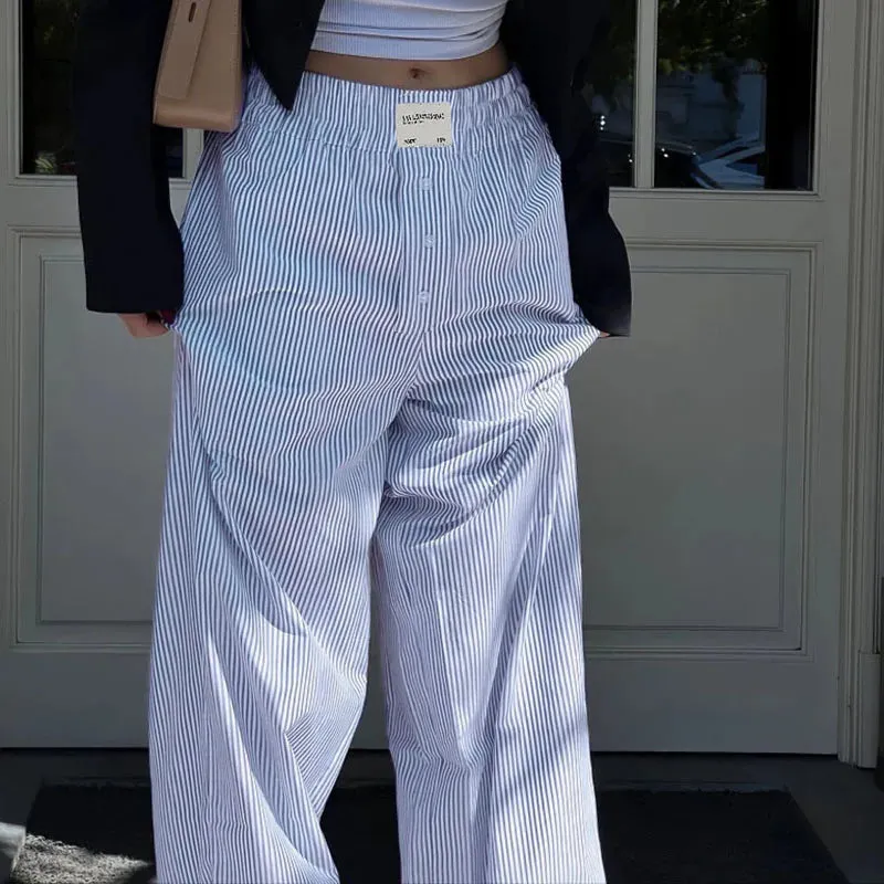 Metaversmall Casual Stripe Buttons Straight Leg Women Trousers Homewear Elastic Waist Korean Fashion Full Length Pants Basic New
