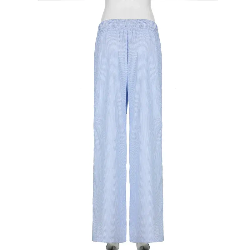 Metaversmall Casual Stripe Buttons Straight Leg Women Trousers Homewear Elastic Waist Korean Fashion Full Length Pants Basic New