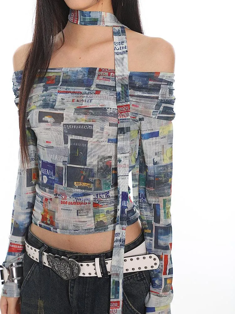 Newspaper Print Off-Shoulder Fitted Crop Top