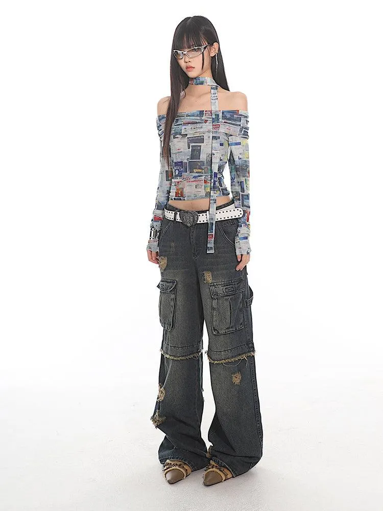 Newspaper Print Off-Shoulder Fitted Crop Top