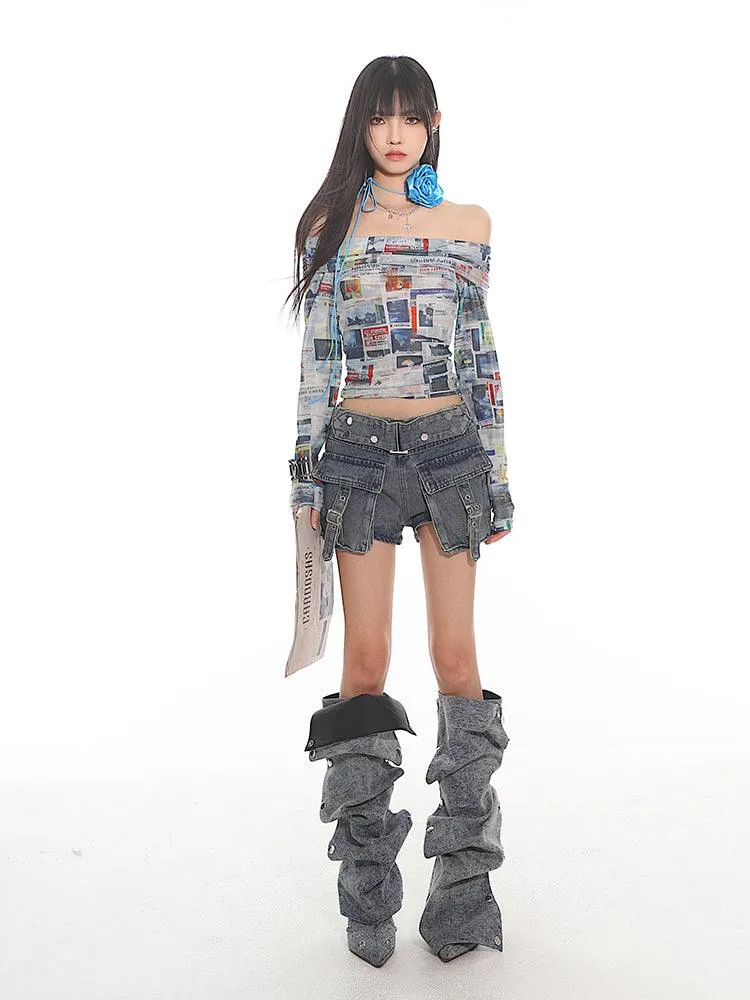 Newspaper Print Off-Shoulder Fitted Crop Top