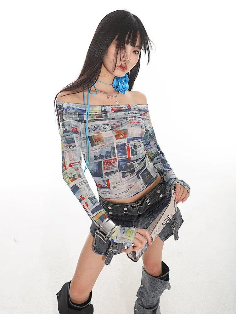 Newspaper Print Off-Shoulder Fitted Crop Top