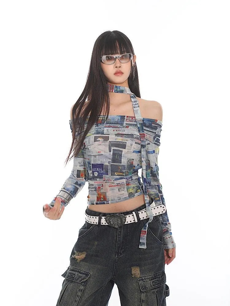 Newspaper Print Off-Shoulder Fitted Crop Top