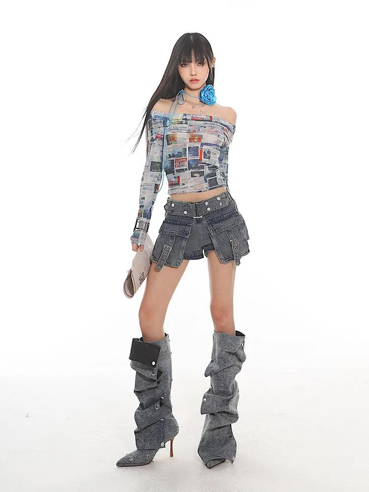 Newspaper Print Off-Shoulder Fitted Crop Top
