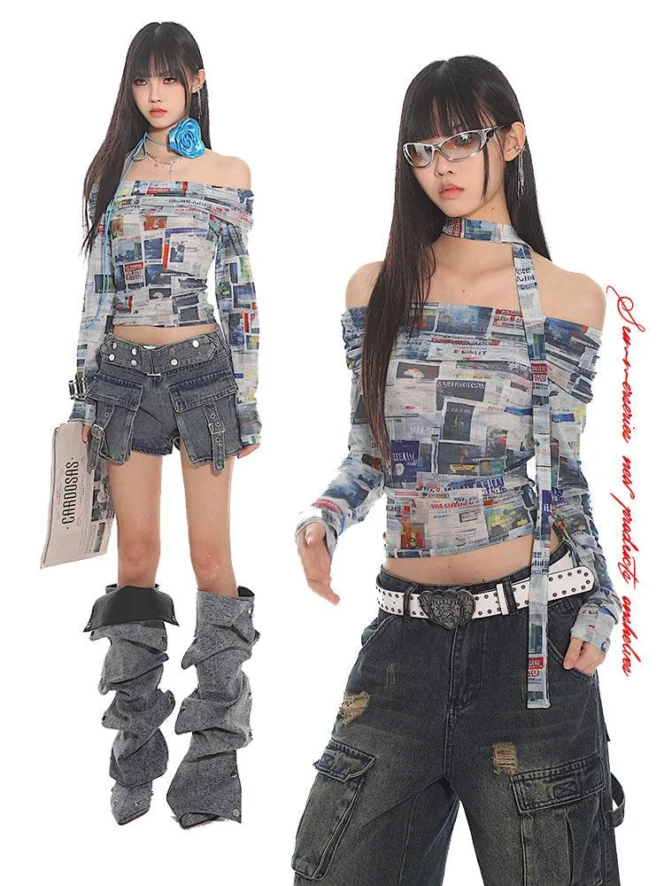 Newspaper Print Off-Shoulder Fitted Crop Top