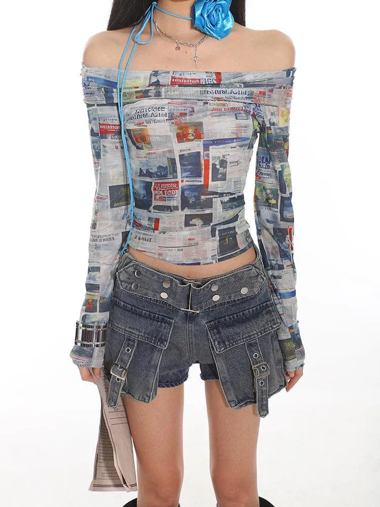 Newspaper Print Off-Shoulder Fitted Crop Top
