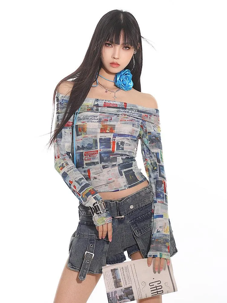 Newspaper Print Off-Shoulder Fitted Crop Top