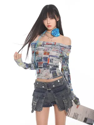 Newspaper Print Off-Shoulder Fitted Crop Top