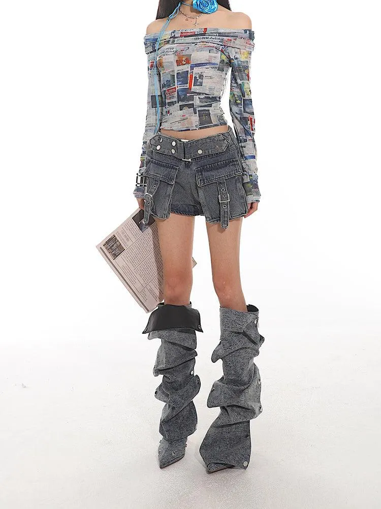Newspaper Print Off-Shoulder Fitted Crop Top