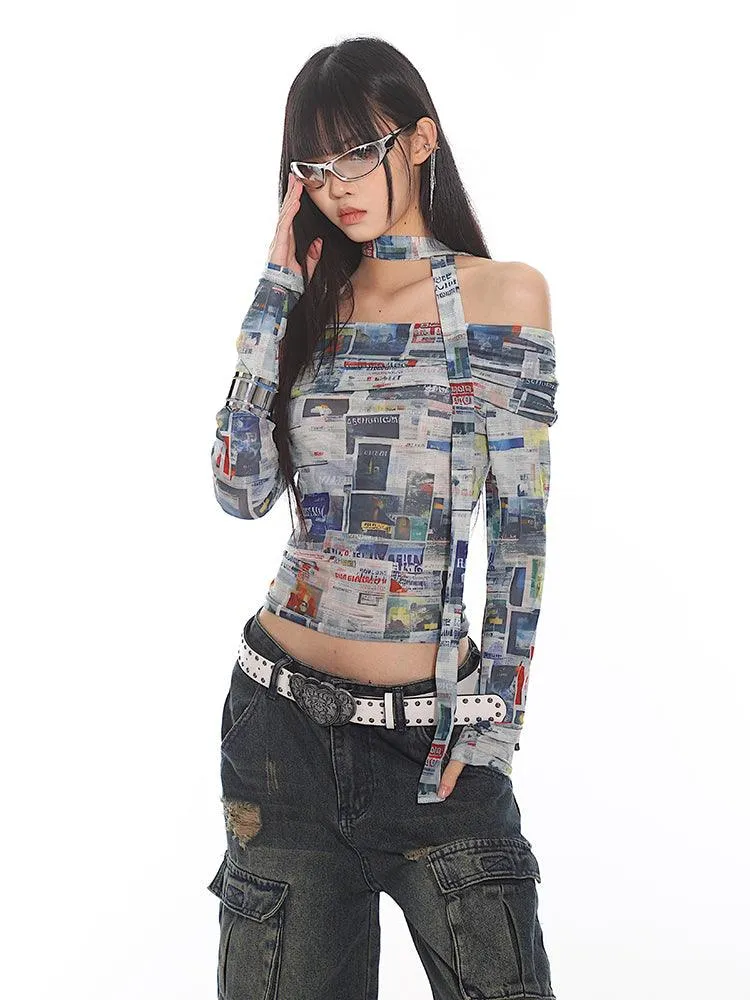 Newspaper Print Off-Shoulder Fitted Crop Top
