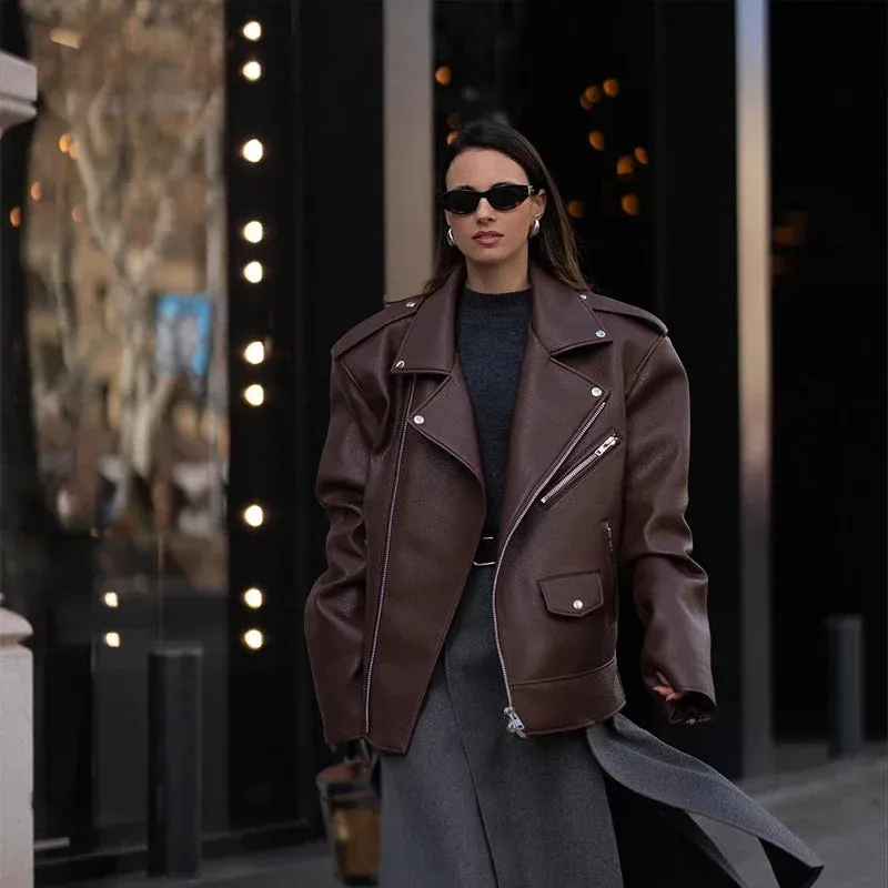 Oversized large fashionista leather ladies biker jacket