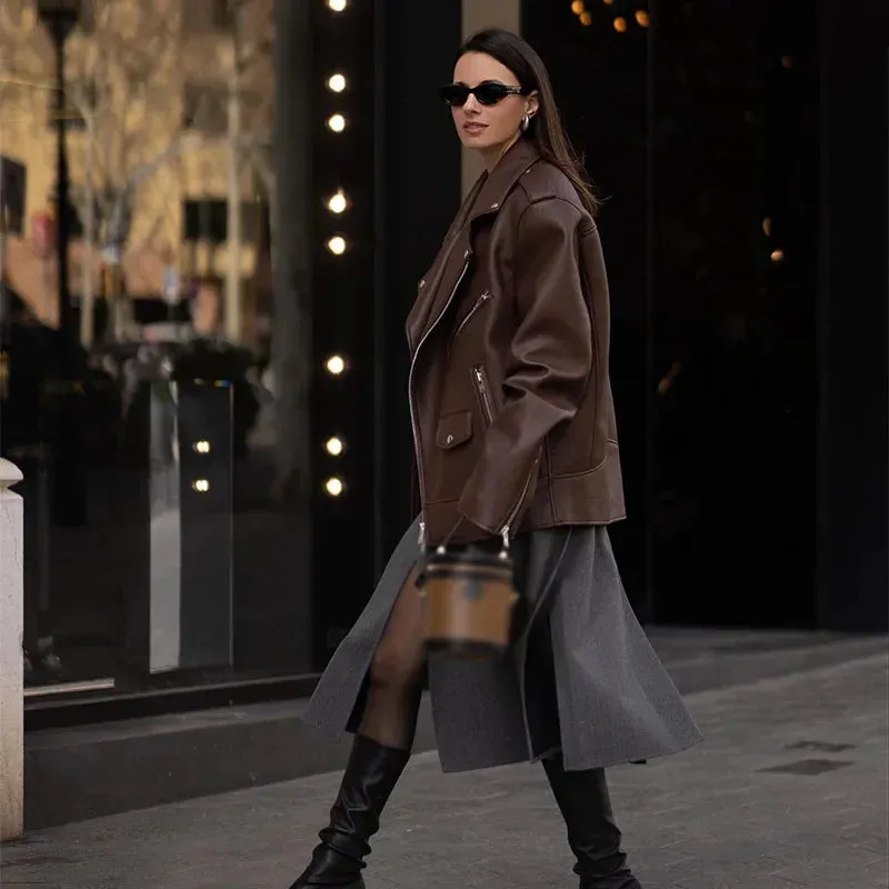 Oversized large fashionista leather ladies biker jacket