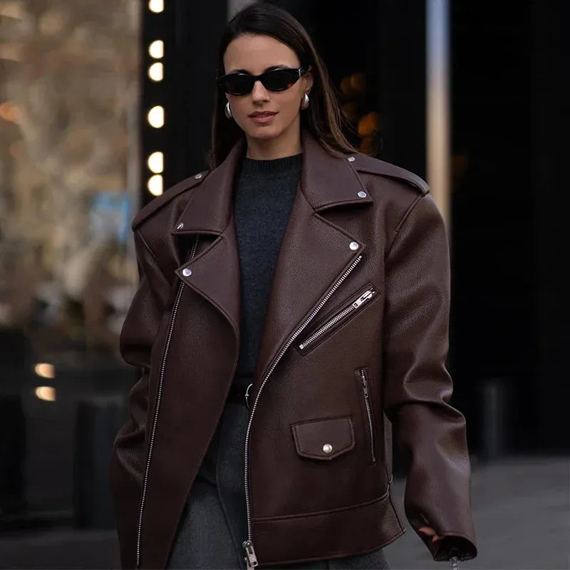 Oversized large fashionista leather ladies biker jacket