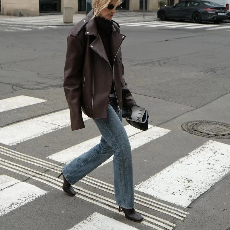 Oversized large fashionista leather ladies biker jacket