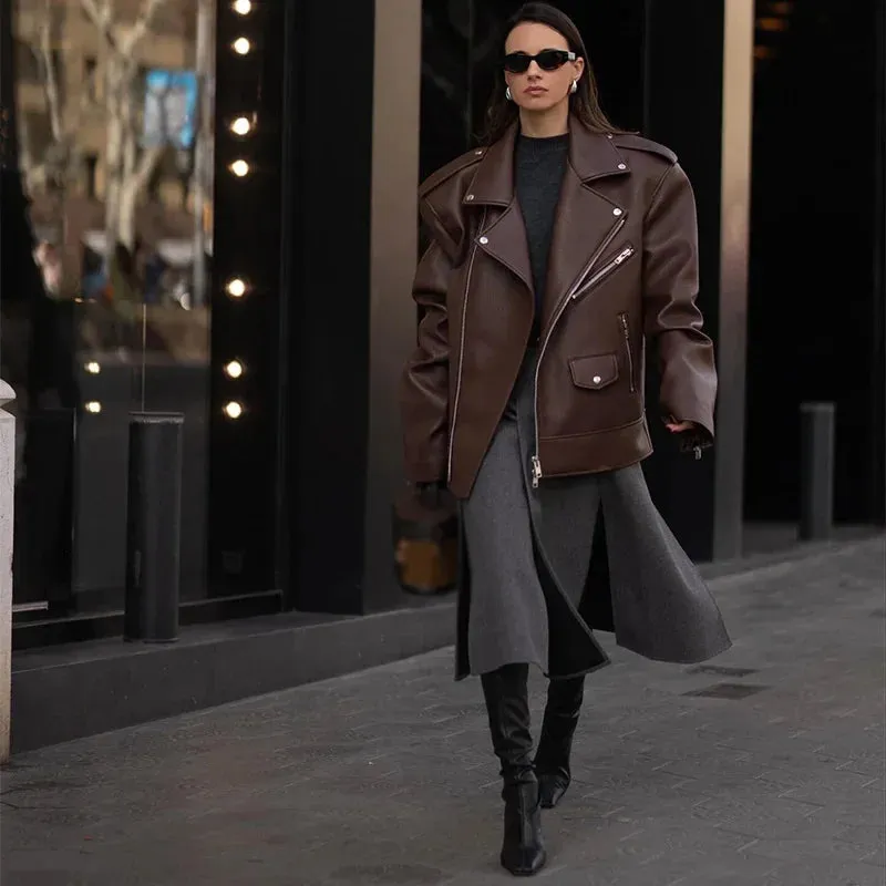 Oversized large fashionista leather ladies biker jacket