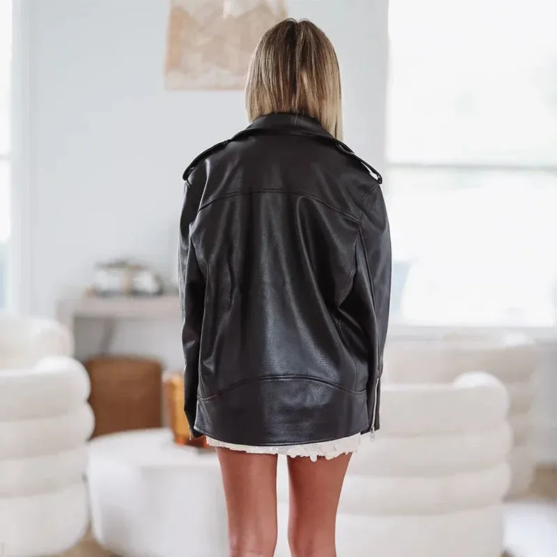 Oversized large fashionista leather ladies biker jacket