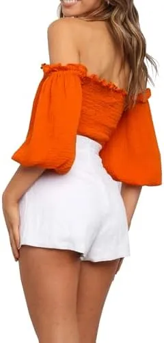 Pretty Ruffled Pink Off Shoulder Lantern Sleeve Crop Top