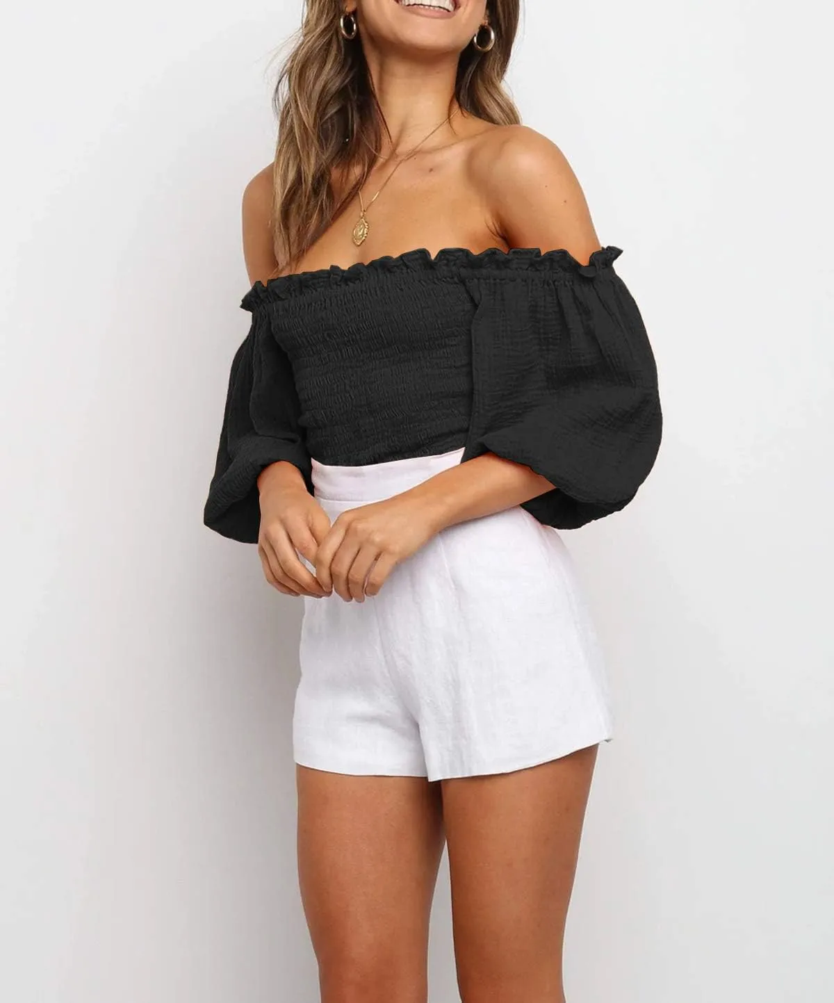 Pretty Ruffled Pink Off Shoulder Lantern Sleeve Crop Top