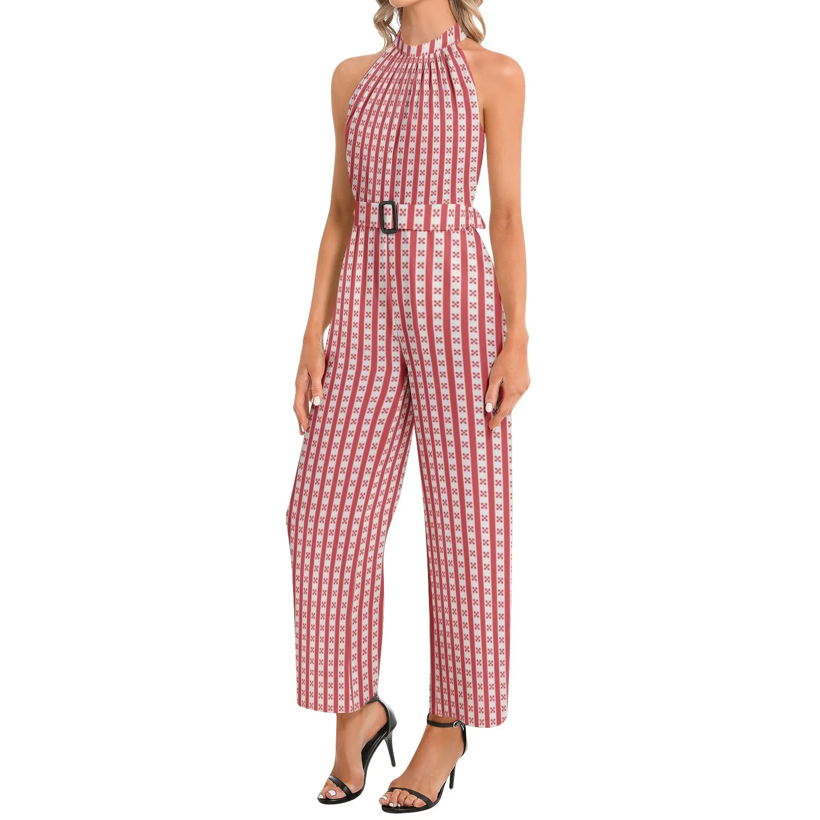 Red Striped Halter Neck Buckle Belted Jumpsuit