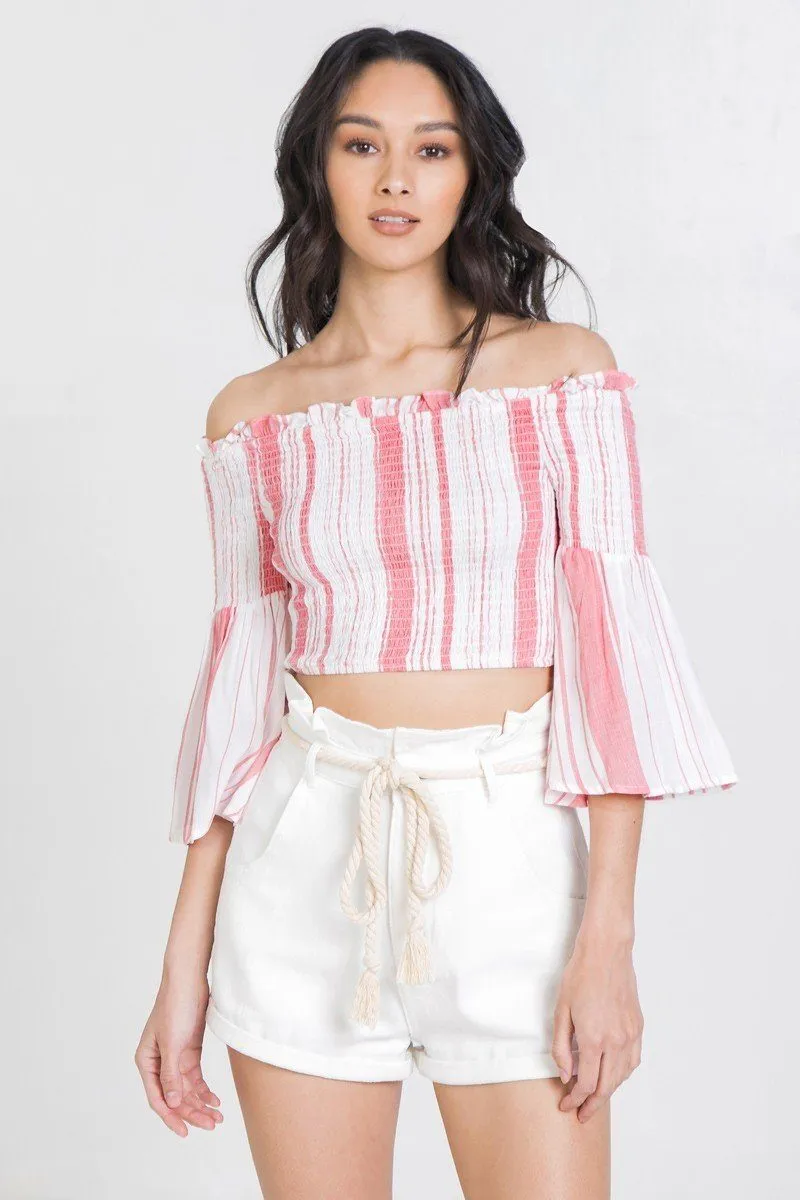 Red Striped Off-the-Shoulder Crop Top