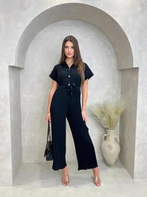 Ribbed Effect Belted Jumpsuit