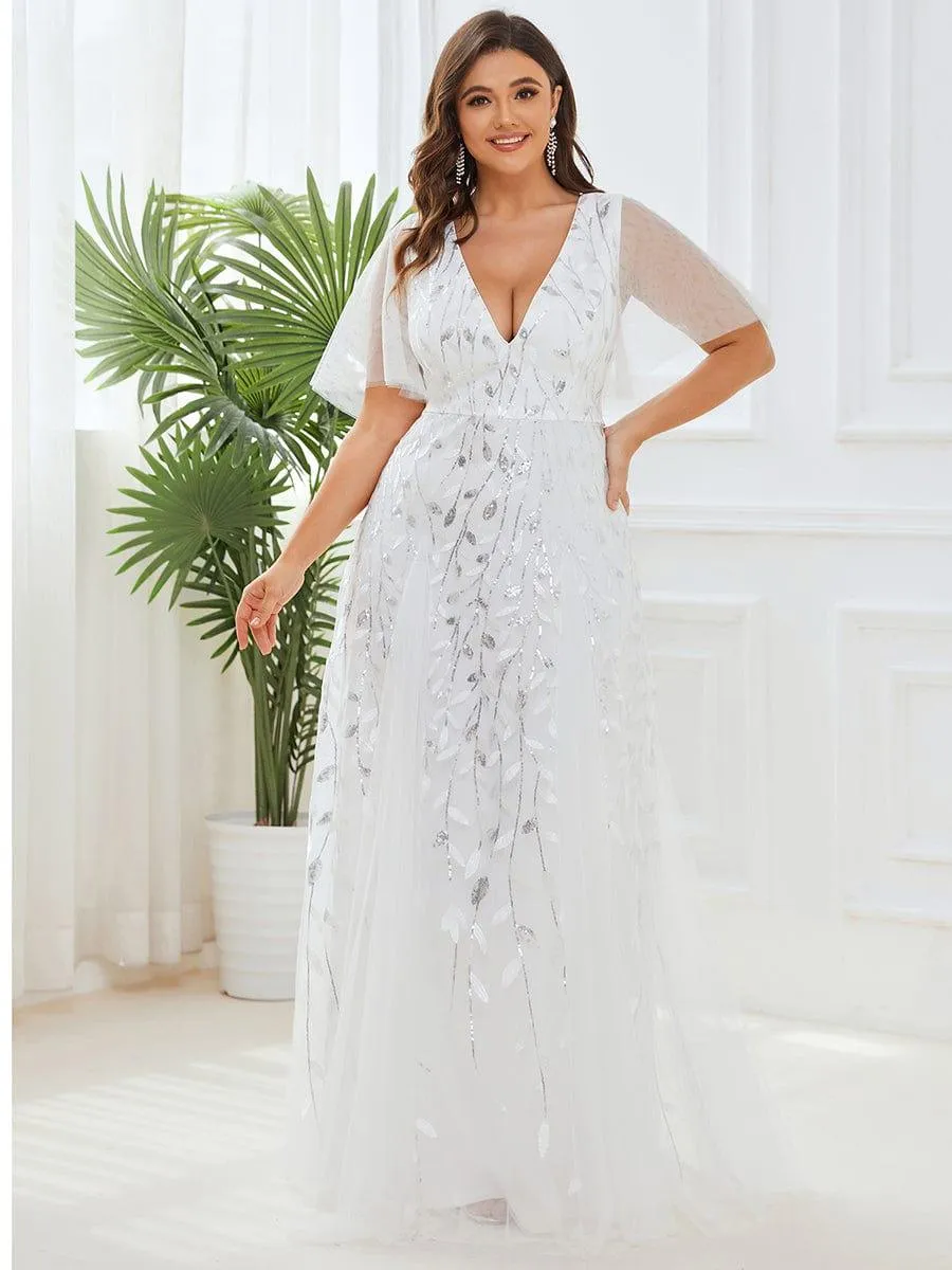 Shimmery V Neck Ruffle Sleeves Sequin Maxi Long Evening Dress
