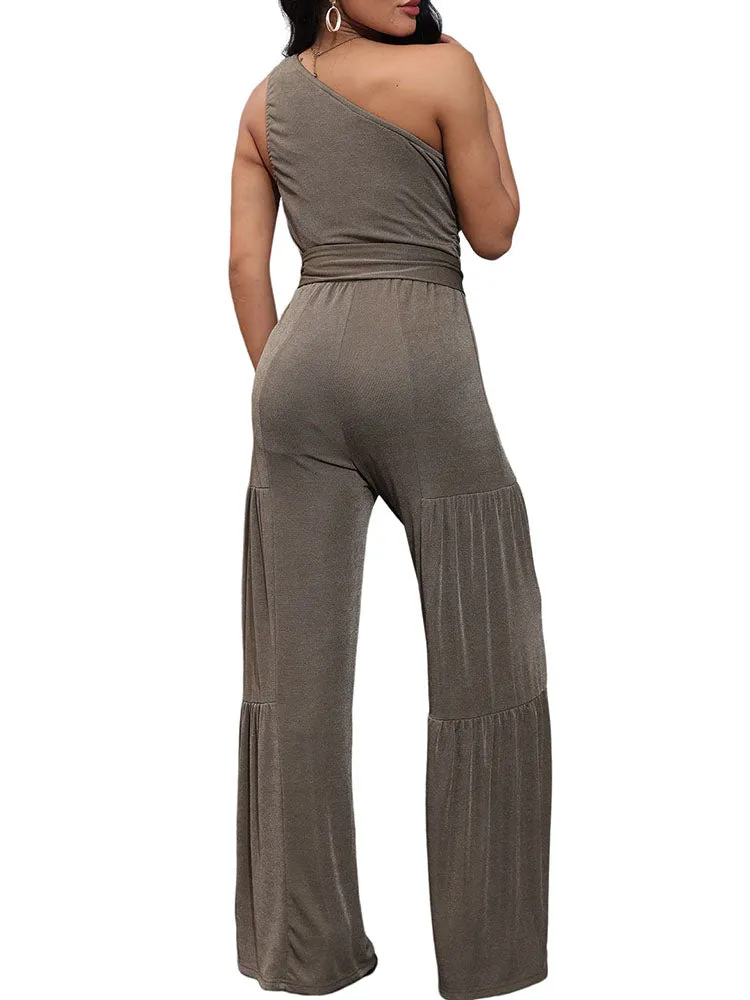 Sleeveless One Shoulder Belted Rompers