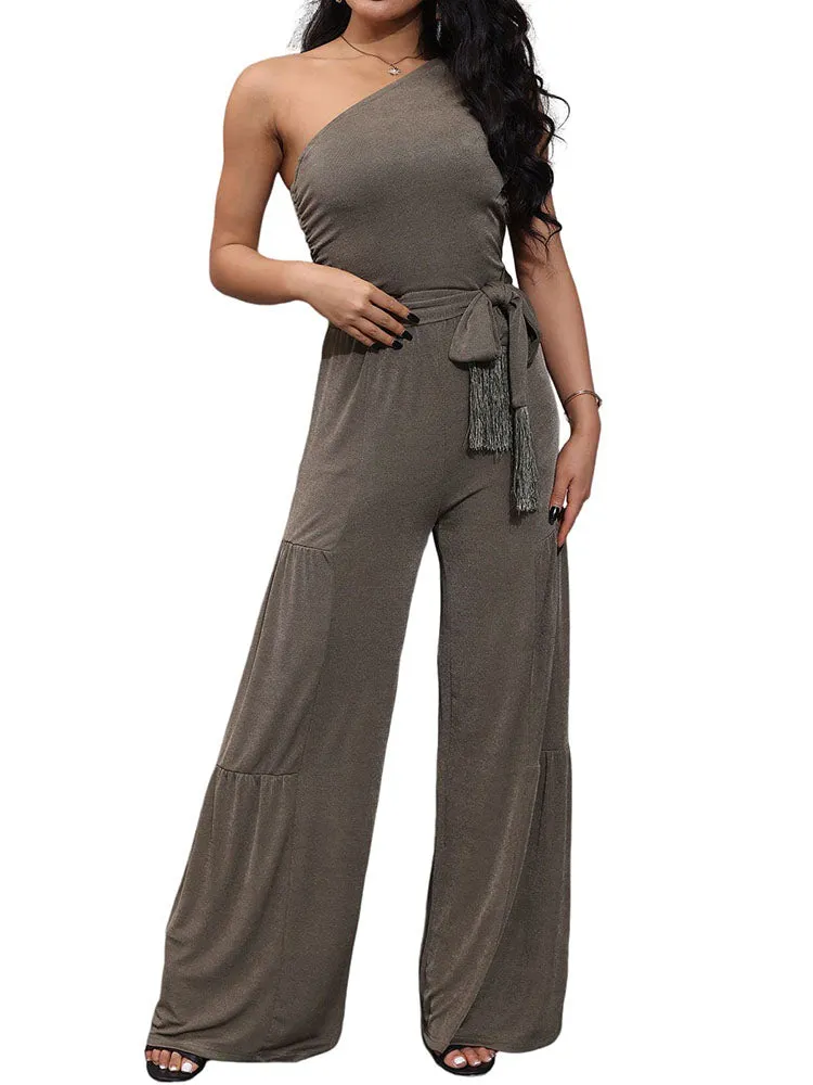 Sleeveless One Shoulder Belted Rompers