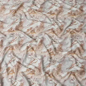 Tea green synthetic modal satin fabric with same tone and brown tie & die print in abstract design-D15017