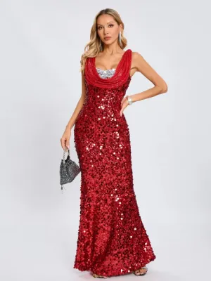 Trend4us Dazzling Red Sequin Cowl-Neck Evening Gown