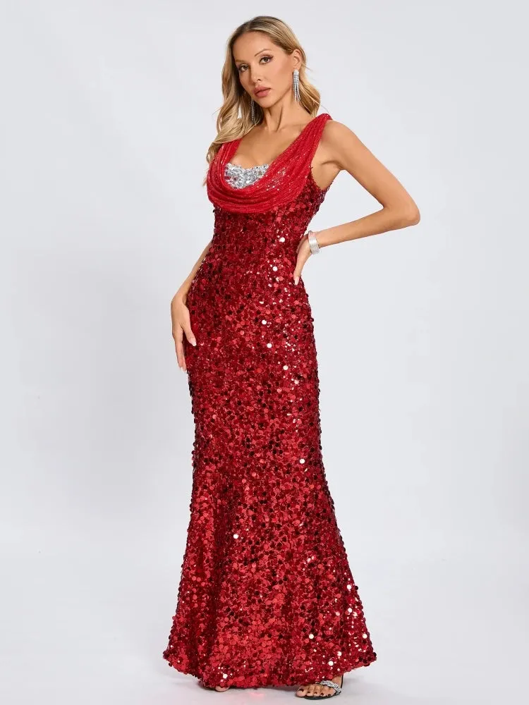 Trend4us Dazzling Red Sequin Cowl-Neck Evening Gown