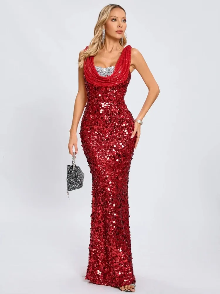 Trend4us Dazzling Red Sequin Cowl-Neck Evening Gown