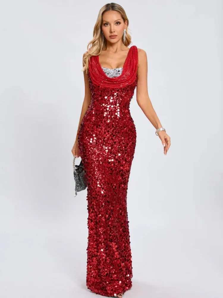 Trend4us Dazzling Red Sequin Cowl-Neck Evening Gown