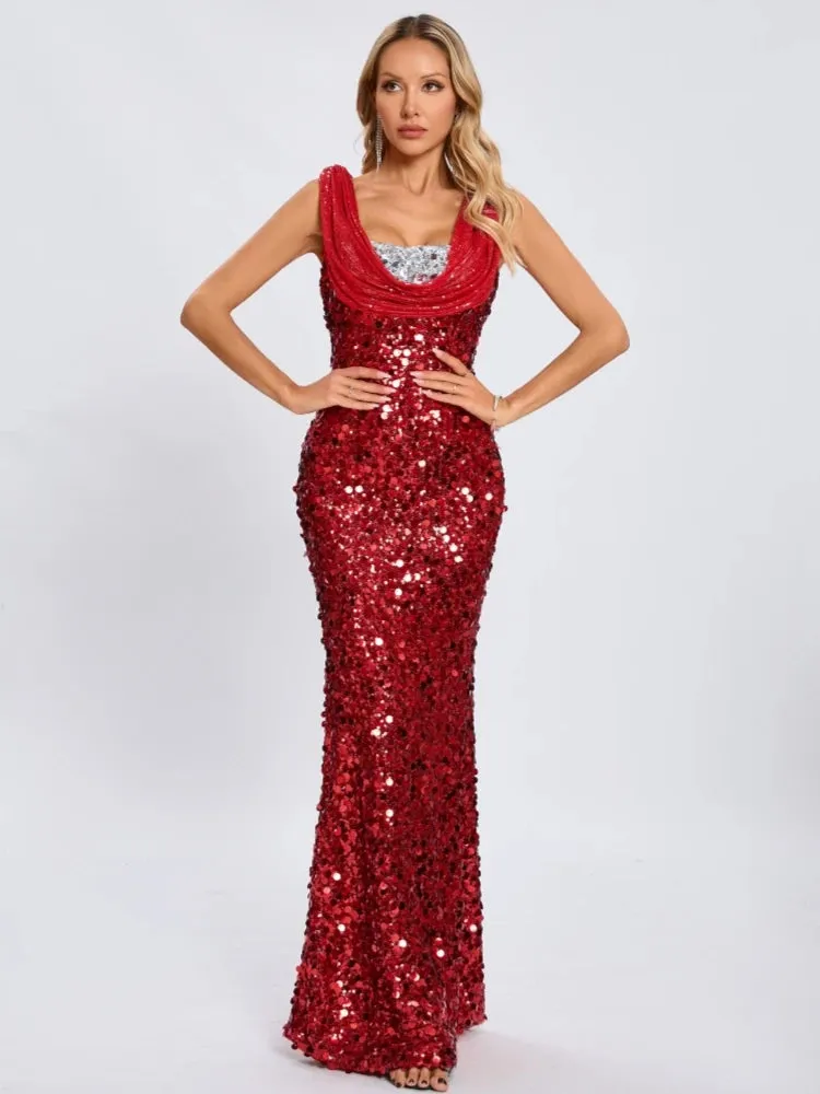 Trend4us Dazzling Red Sequin Cowl-Neck Evening Gown