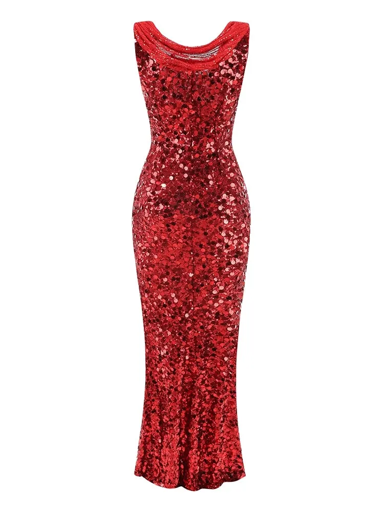 Trend4us Dazzling Red Sequin Cowl-Neck Evening Gown