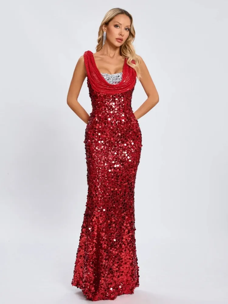 Trend4us Dazzling Red Sequin Cowl-Neck Evening Gown
