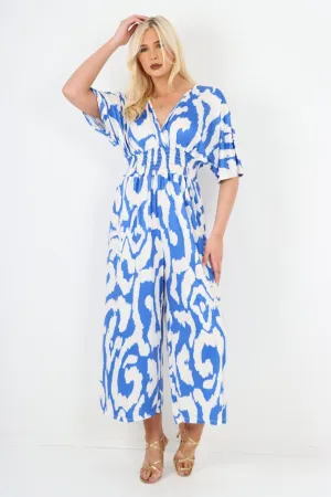 V Neck Shirred Elasticated Waist Printed Jumpsuit