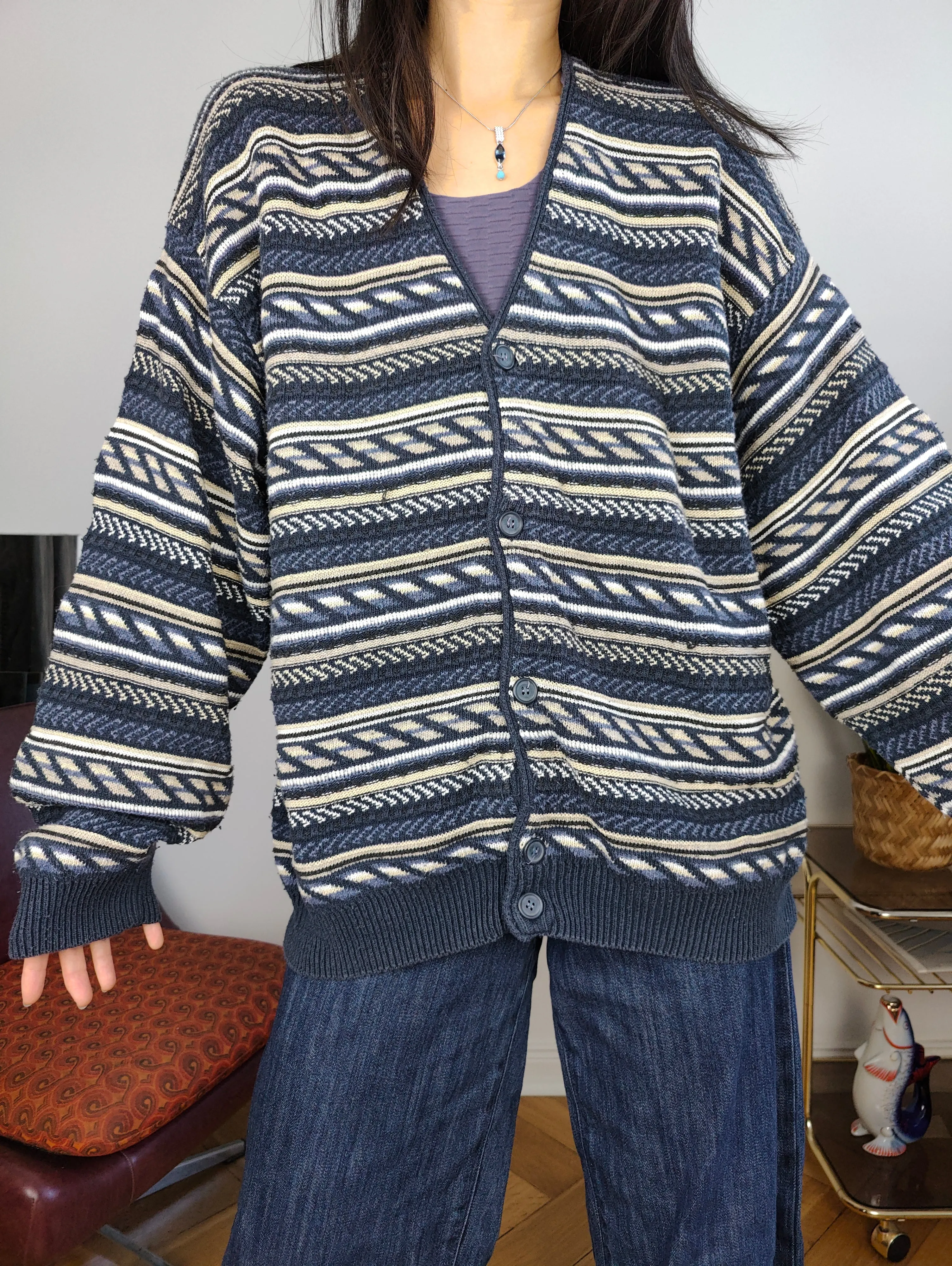 Vintage cotton blend cardigan blue pattern structural knit knitted jacket women unisex men M-L