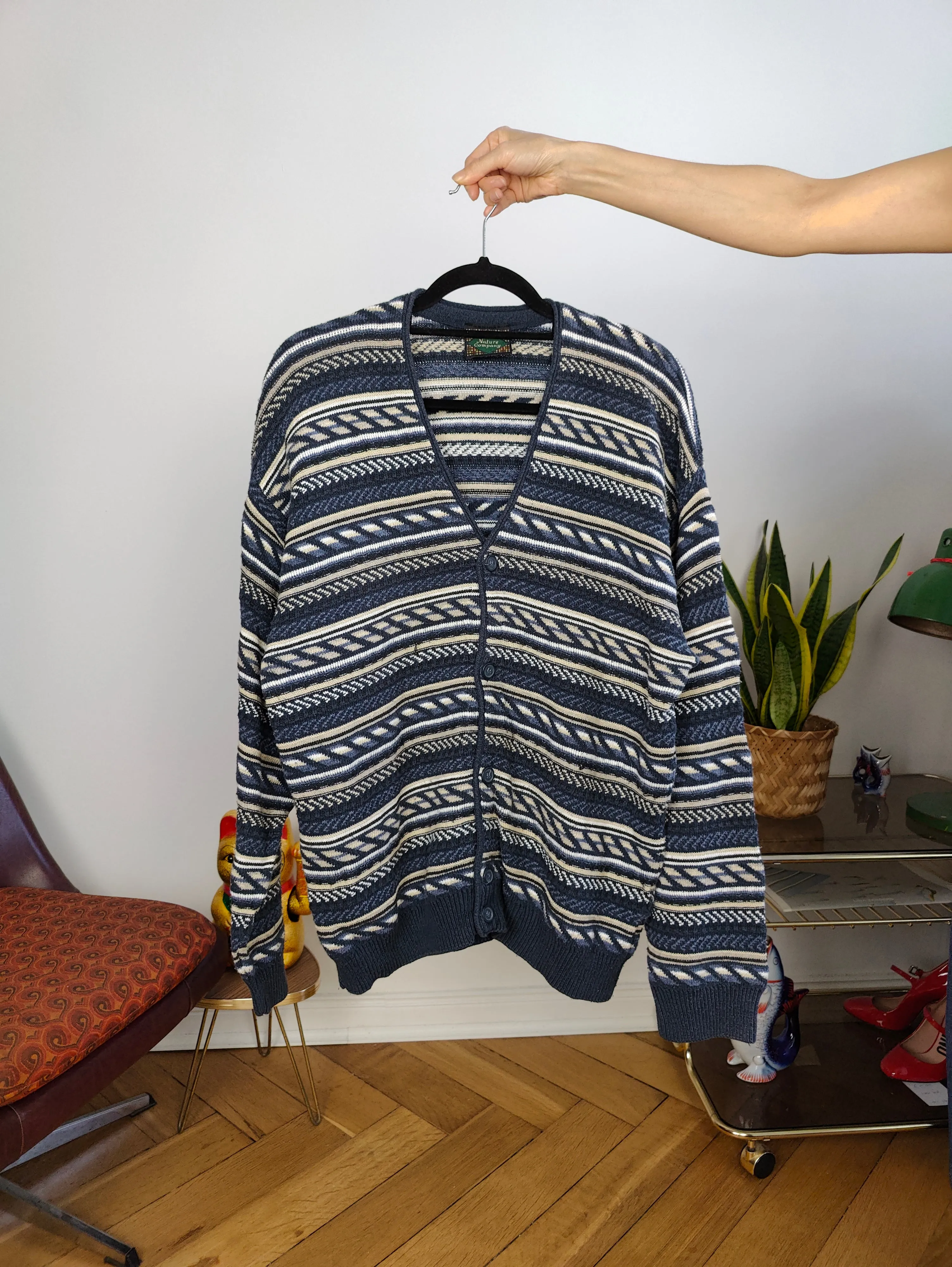 Vintage cotton blend cardigan blue pattern structural knit knitted jacket women unisex men M-L