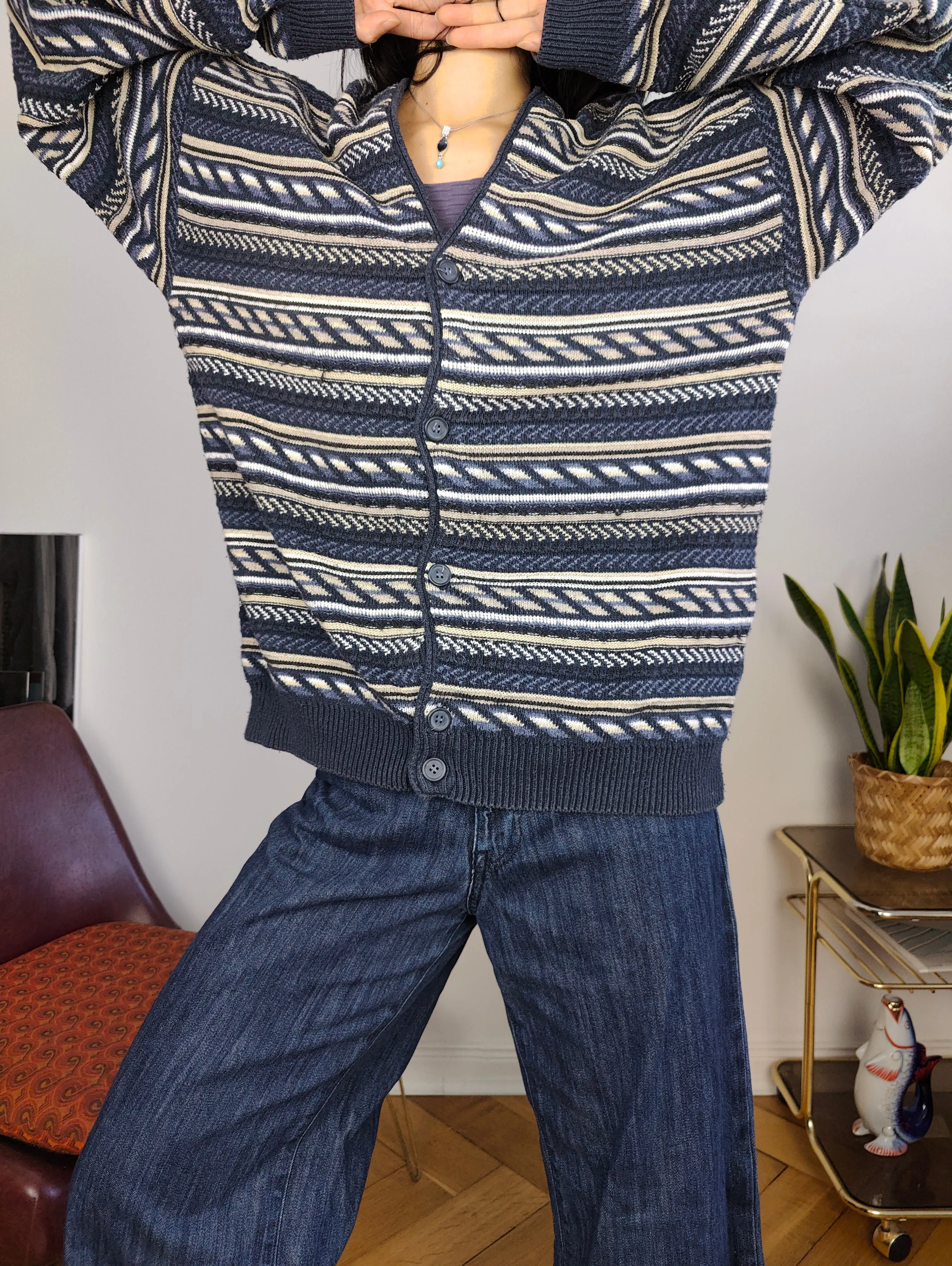 Vintage cotton blend cardigan blue pattern structural knit knitted jacket women unisex men M-L