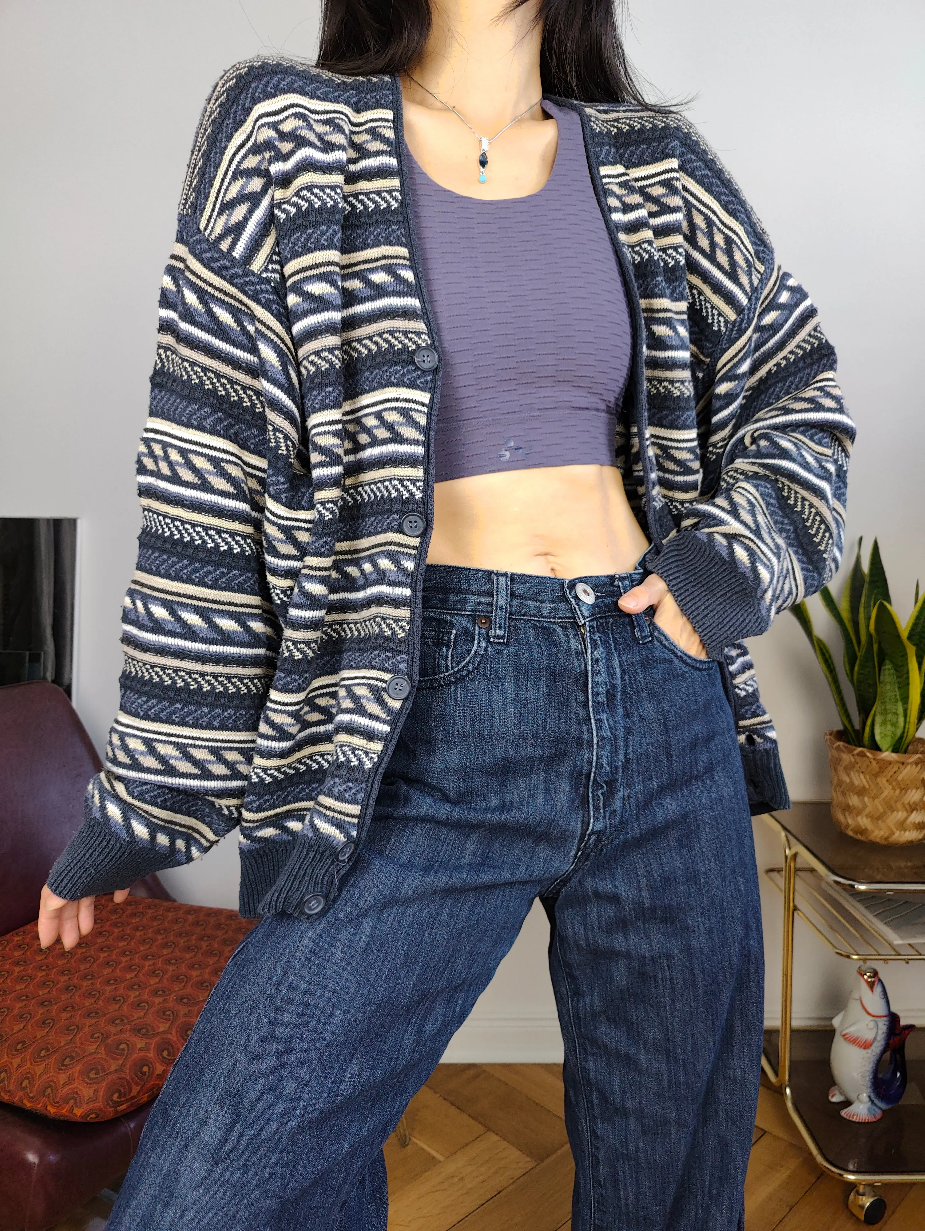 Vintage cotton blend cardigan blue pattern structural knit knitted jacket women unisex men M-L