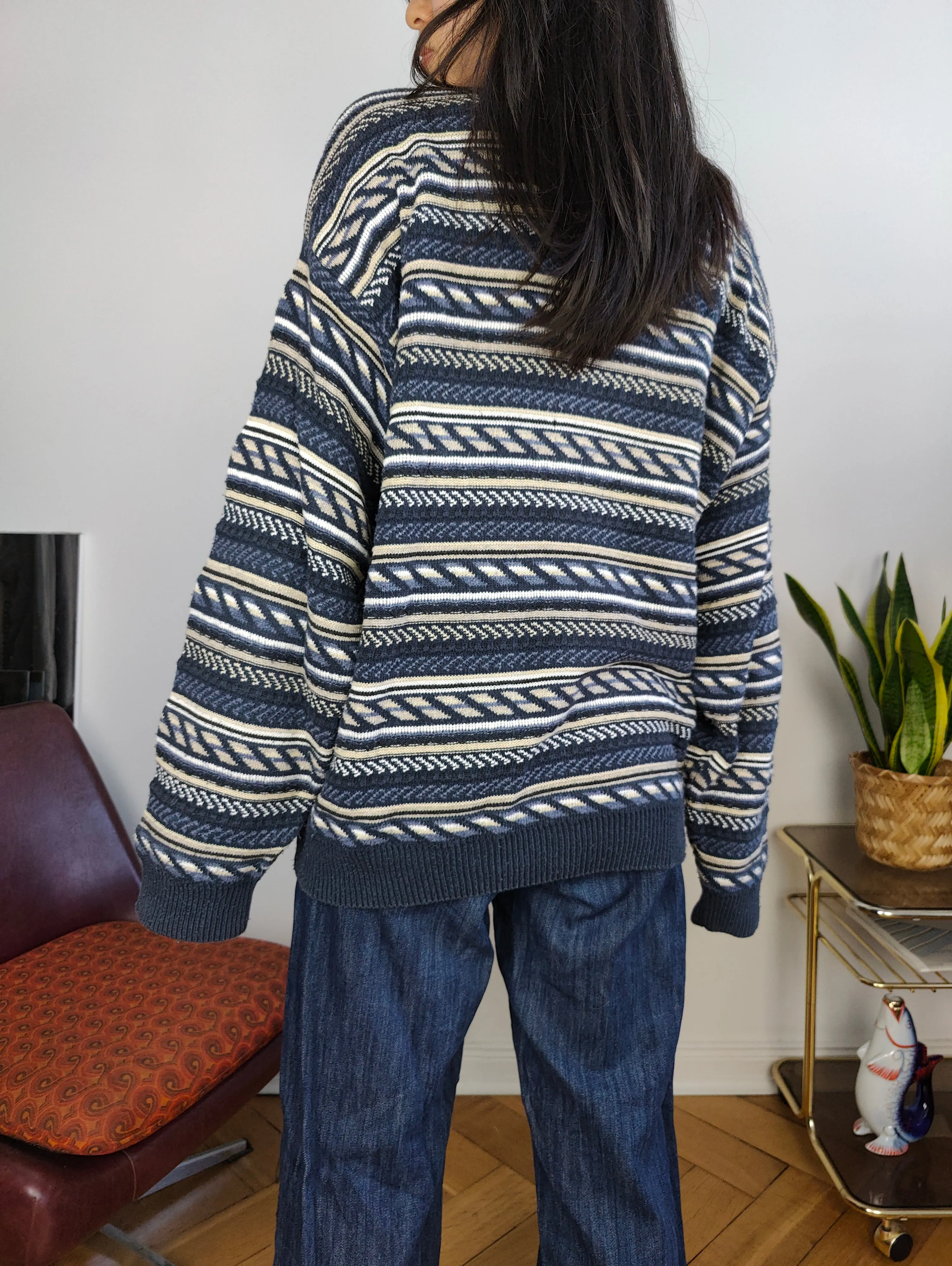 Vintage cotton blend cardigan blue pattern structural knit knitted jacket women unisex men M-L