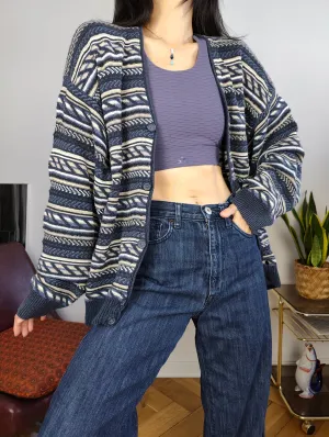 Vintage cotton blend cardigan blue pattern structural knit knitted jacket women unisex men M-L