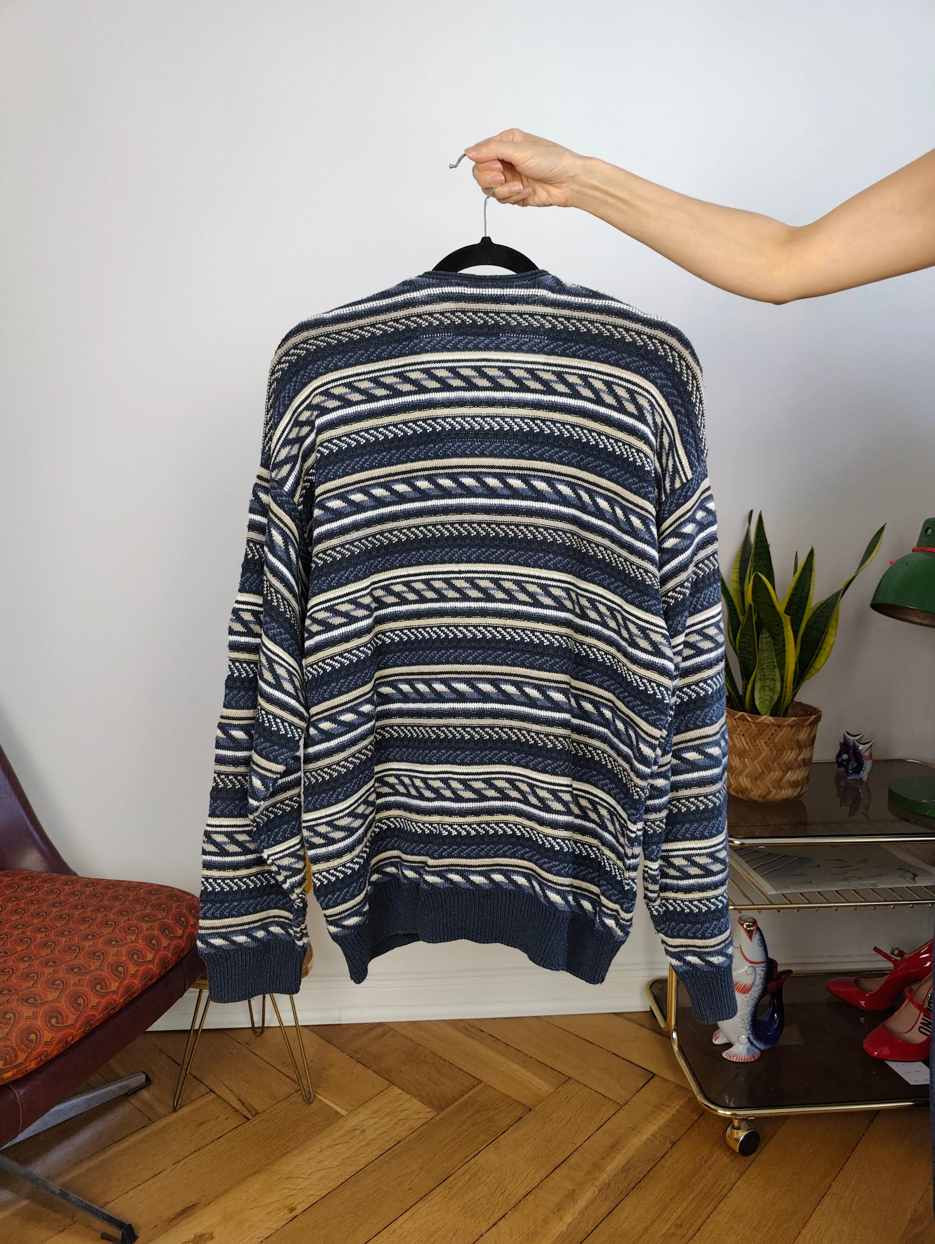 Vintage cotton blend cardigan blue pattern structural knit knitted jacket women unisex men M-L