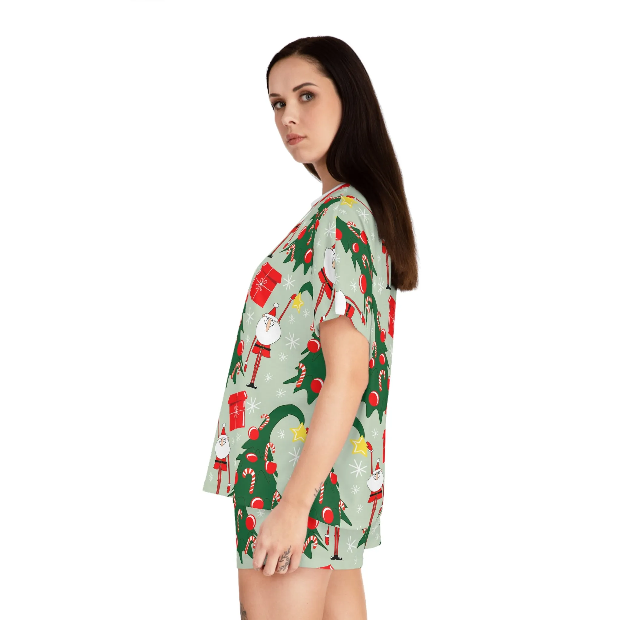 Whimsical Santa & Christmas Tree Pajama Set - Womens Two-Piece Sleepwear - Festive Holiday Gift Idea