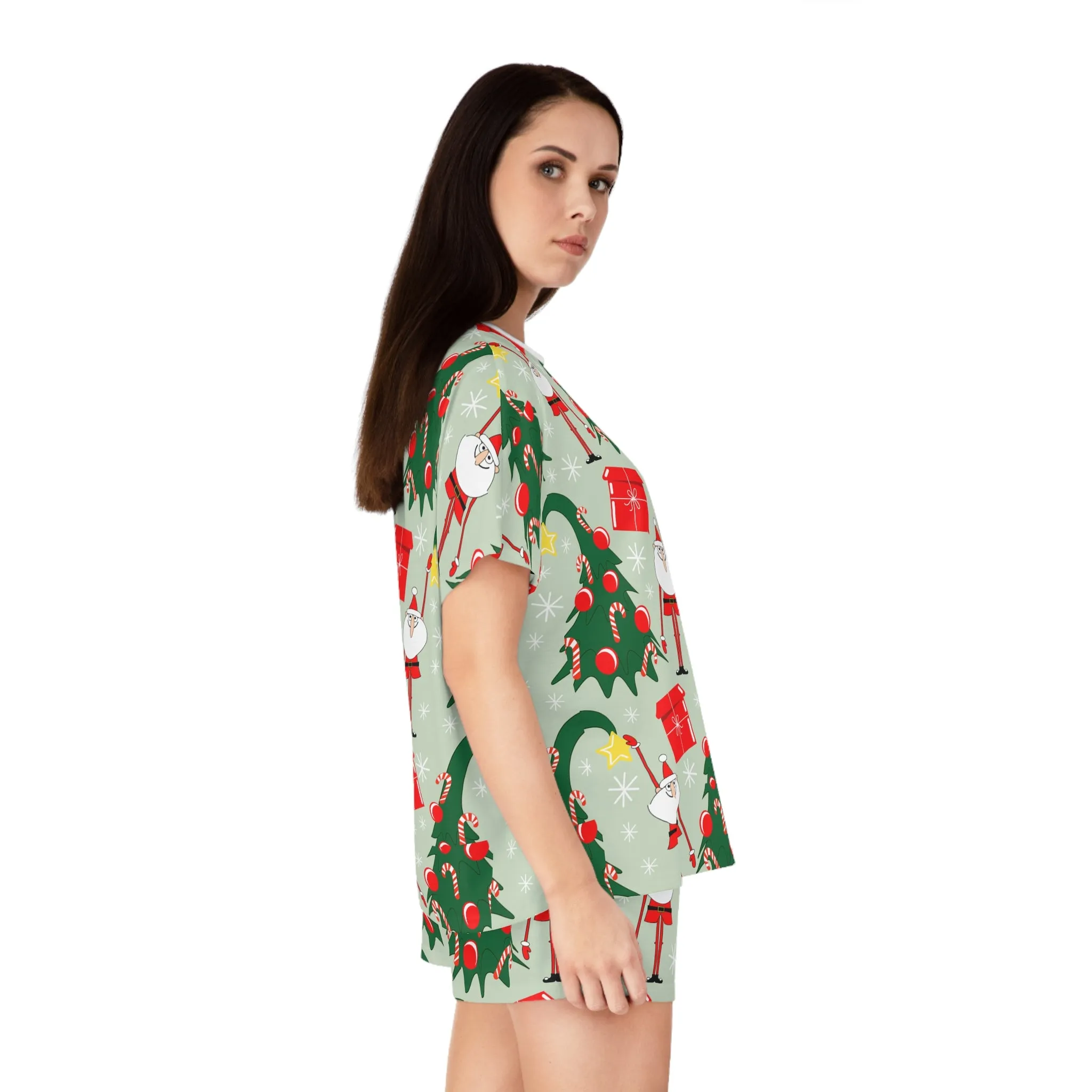 Whimsical Santa & Christmas Tree Pajama Set - Womens Two-Piece Sleepwear - Festive Holiday Gift Idea