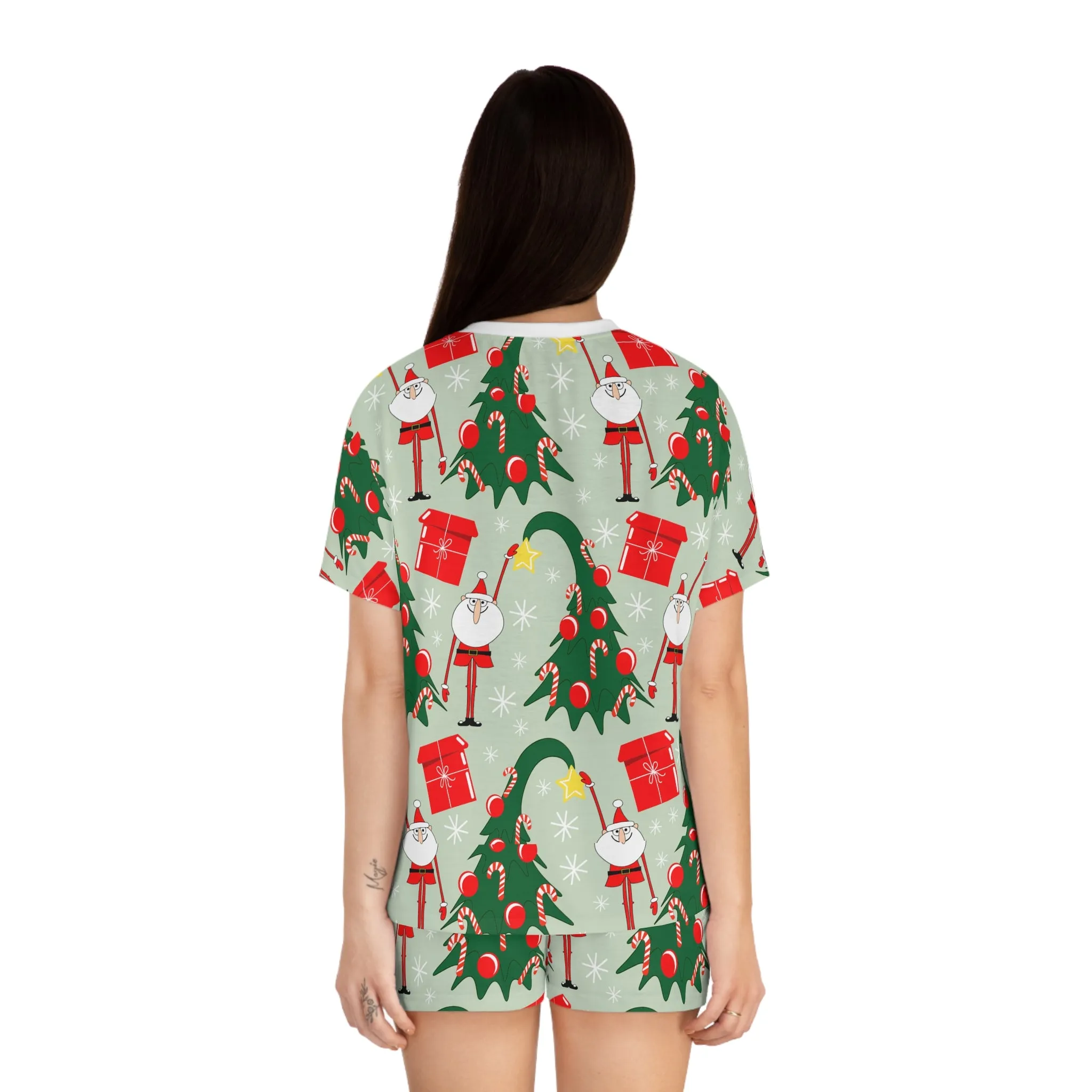 Whimsical Santa & Christmas Tree Pajama Set - Womens Two-Piece Sleepwear - Festive Holiday Gift Idea