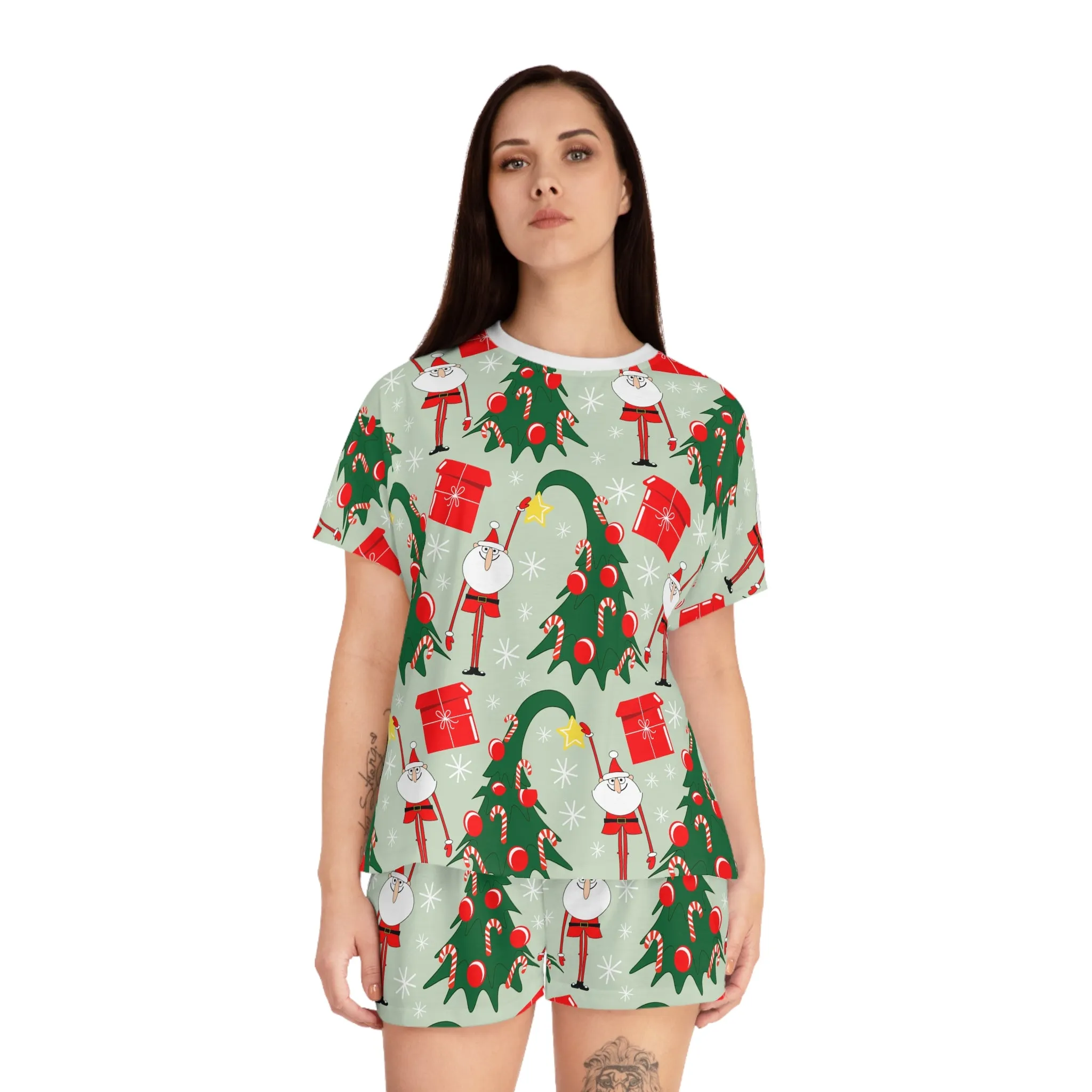 Whimsical Santa & Christmas Tree Pajama Set - Womens Two-Piece Sleepwear - Festive Holiday Gift Idea