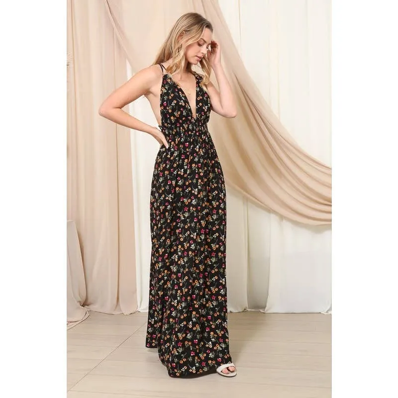Women's Open Back Black Floral Maxi Dress